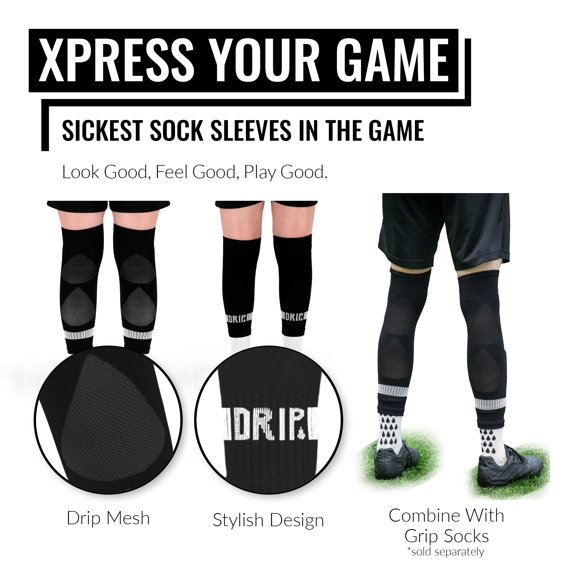 DRIPsox® Sock Sleeves | To go with Grip Socks | Calf Comfort DripMesh Technology | 3 Sizes for Kids, Juniors, Women &amp; Men (S:13C-3.5 | M:4-7.5 | L:8+)