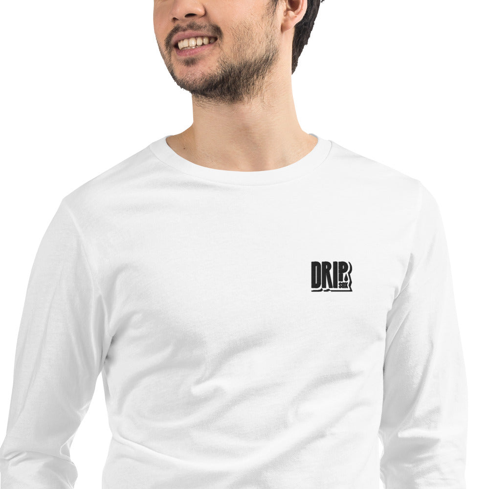 DRIPsox® Long Sleeve T-Shirt | Unisex | White | Multiple Sizes | Regular Fit | Black Logo (Left) | Embroidered