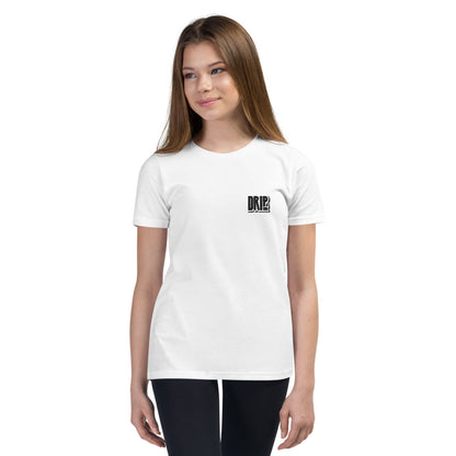 DRIPsox® Youth T-Shirt | Unisex | White | Multiple Sizes | Regular Fit | Black Logo (Left) | Embroidered