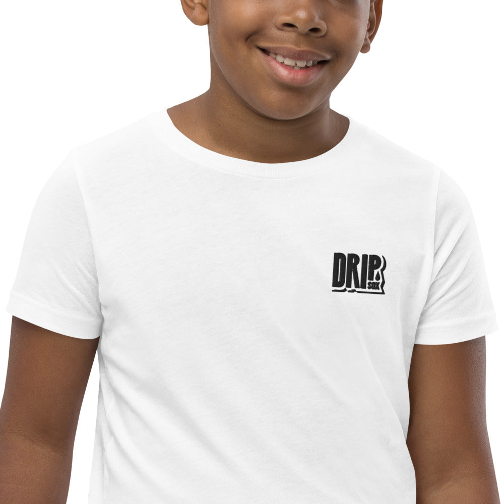 DRIPsox® Youth T-Shirt | Unisex | White | Multiple Sizes | Regular Fit | Black Logo (Left) | Embroidered