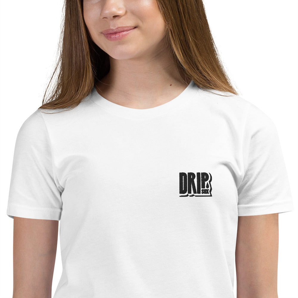 DRIPsox® Youth T-Shirt | Unisex | White | Multiple Sizes | Regular Fit | Black Logo (Left) | Embroidered